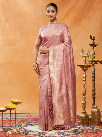 KASEE Women Banarasi Silk Saree with Silver Zari Booti and Intricate Pallu