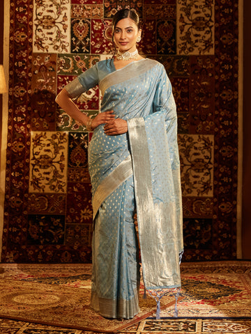 KASEE Women Banarasi Silk Saree with Silver Zari Booti and Intricate Pallu