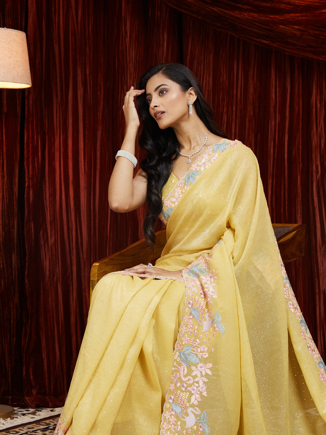 KASEE Women Floral Embroidered Yellow Chiffon Saree