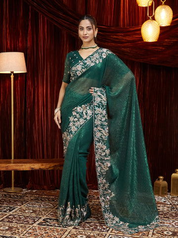 KASEE Women Floral Embroidered Green Chiffon Saree