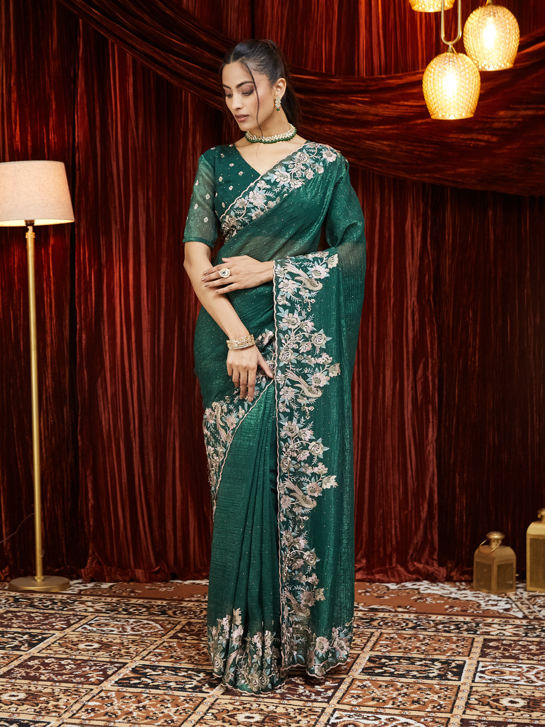 KASEE Women Floral Embroidered Green Chiffon Saree