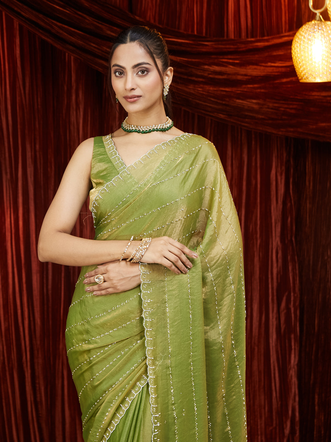 KASEE Women Silk Saree with Mirror Work Detailing and Striped Embellishments