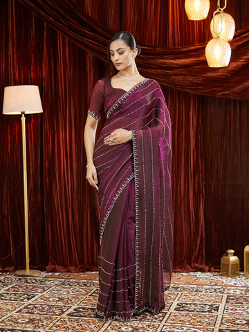 KASEE Women Silk Saree with Mirror Work Detailing and Striped Embellishments