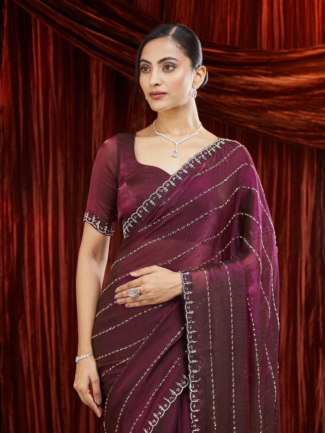 KASEE Women Silk Saree with Mirror Work Detailing and Striped Embellishments