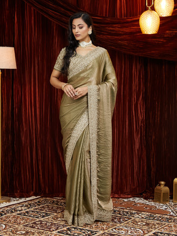 KASEE Women Satin Silk Saree with Antique Zari Embroidered Border