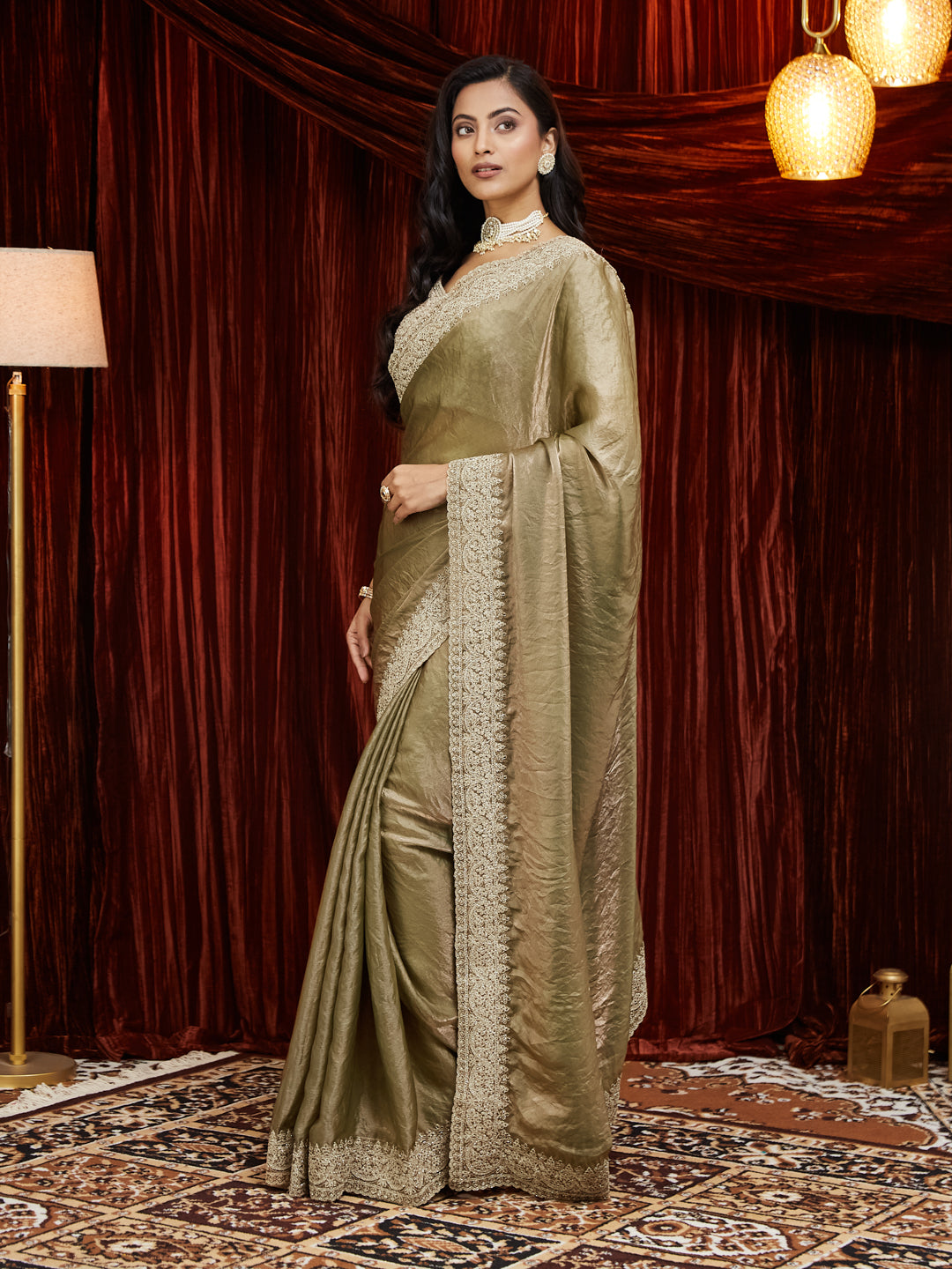 KASEE Women Satin Silk Saree with Antique Zari Embroidered Border