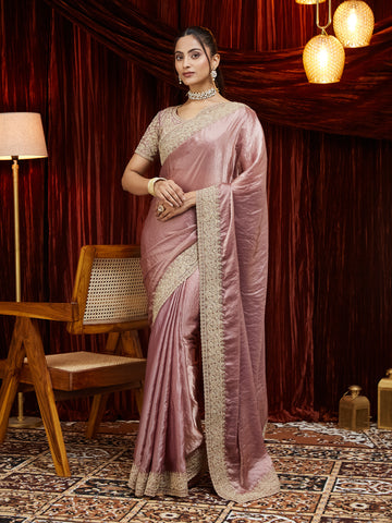 KASEE Women Satin Silk Saree with Antique Zari Embroidered Border