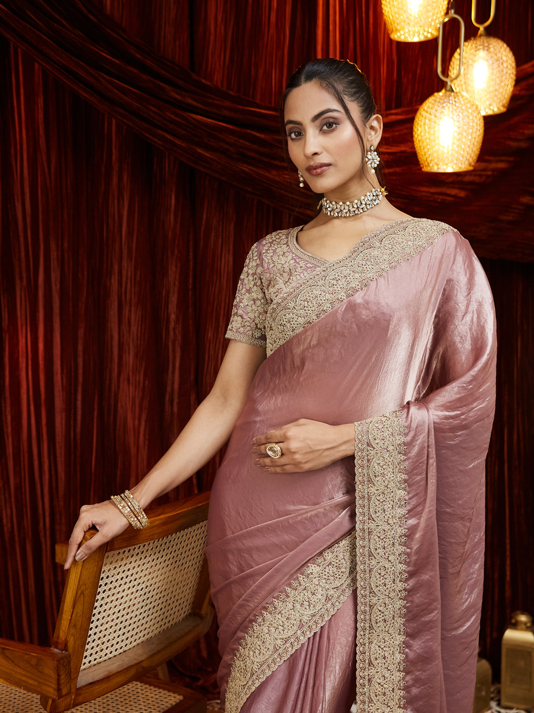 KASEE Women Satin Silk Saree with Antique Zari Embroidered Border