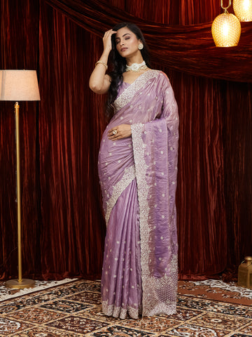 KASEE Women Crushed Satin Saree with All-Over Sequin Embroidery & Contrast Lace Border