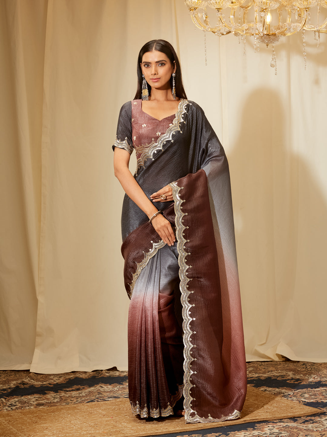 Kasee Women's Wine & Charcoal Grey Ombre Organza Saree with Sequined Scalloped Border
