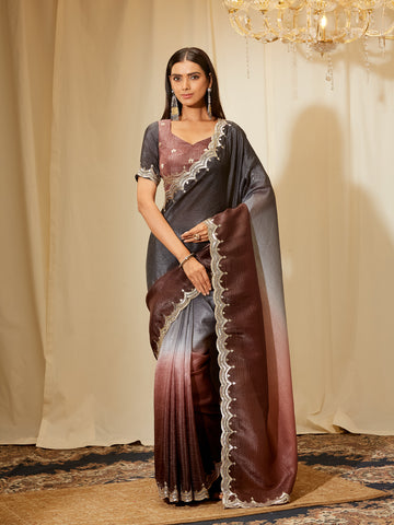 Kasee Women's Wine & Charcoal Grey Ombre Organza Saree with Sequined Scalloped Border
