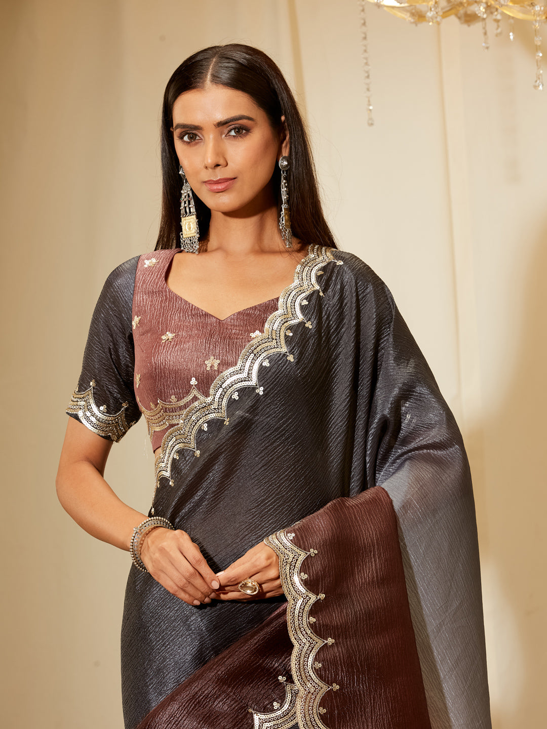 Kasee Women's Wine & Charcoal Grey Ombre Organza Saree with Sequined Scalloped Border
