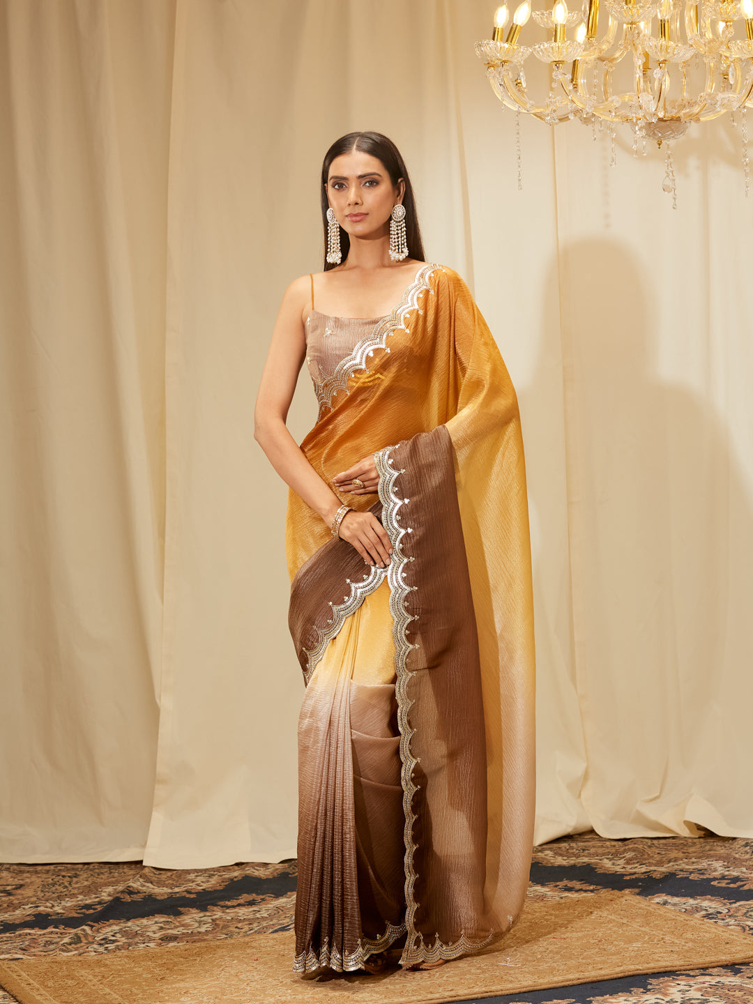 Kasee Women's Brown & Mustard Ombre Organza Saree with Sequined Scalloped Border