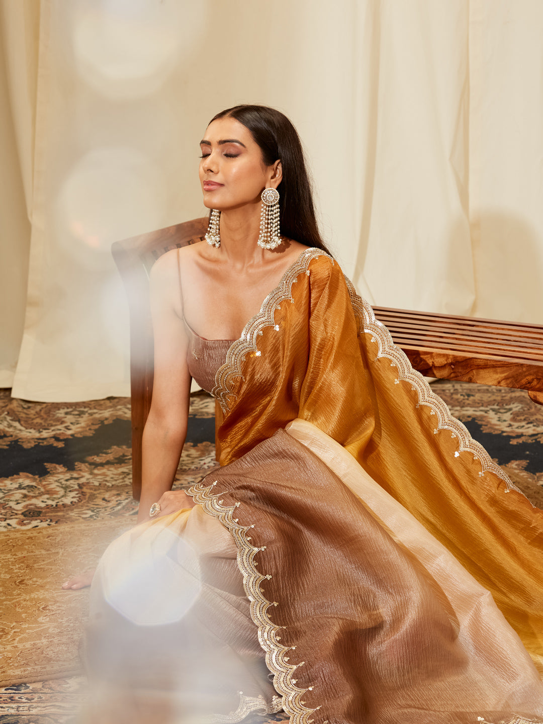 Kasee Women's Brown & Mustard Ombre Organza Saree with Sequined Scalloped Border