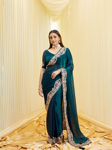 KASEE Women's Bottle Green Silk Saree with Intricate Golden Zari & Floral Border