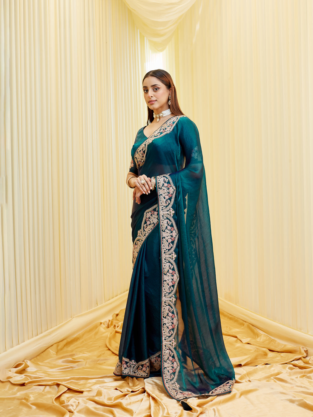 KASEE Women's Bottle Green Silk Saree with Intricate Golden Zari & Floral Border