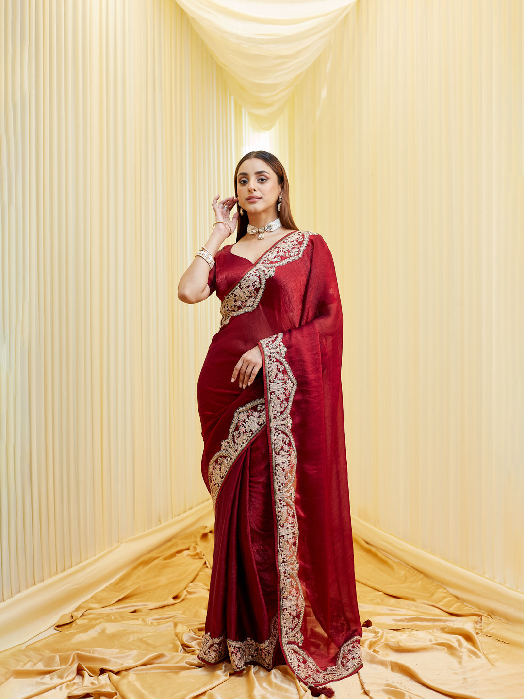 KASEE Women's Maroon Silk Saree with Intricate Golden Zari & Floral Border