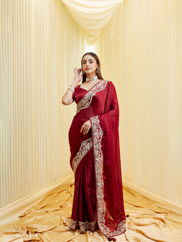 KASEE Women's Maroon Silk Saree with Intricate Golden Zari & Floral Border