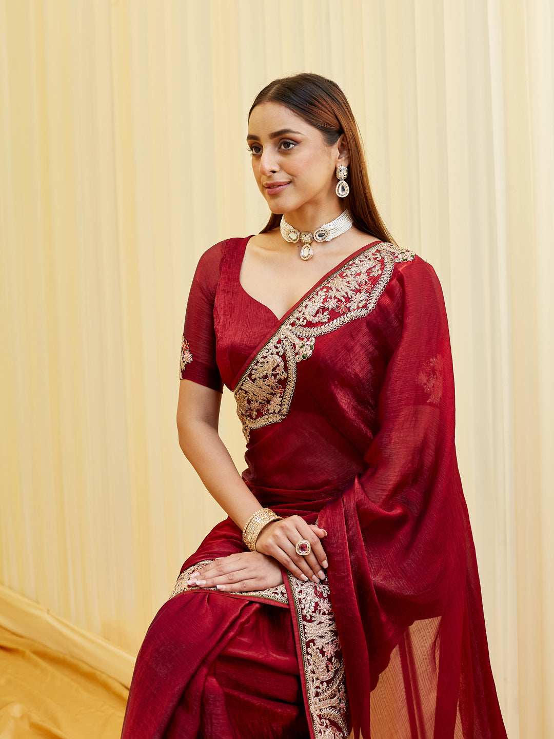KASEE Women's Maroon Silk Saree with Intricate Golden Zari & Floral Border