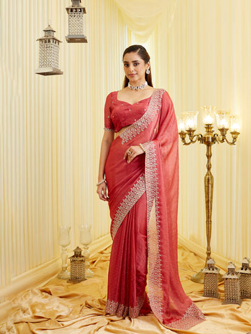 KASEE Women's Burgundy Saree with Intricate Embroidered Border