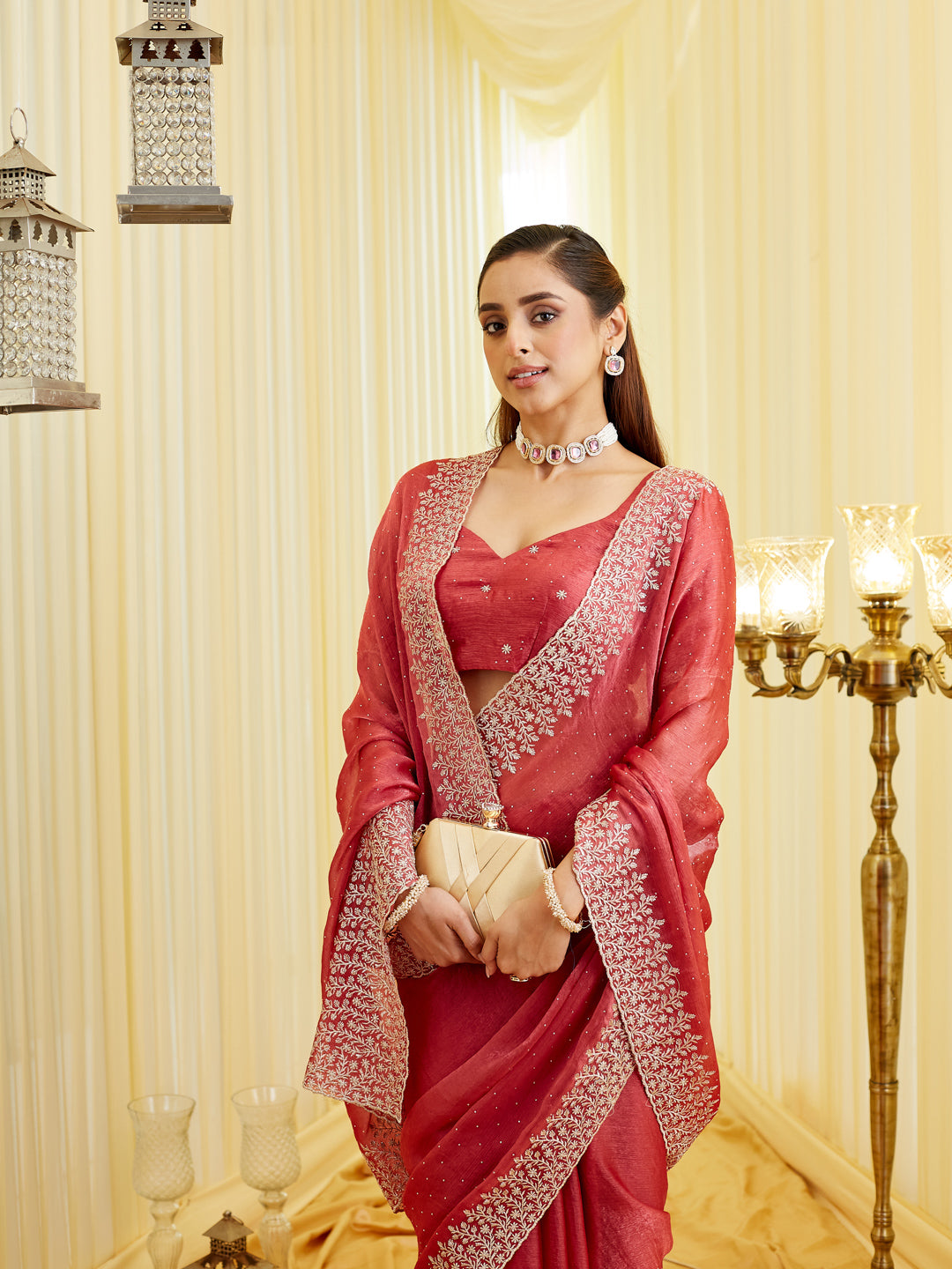 KASEE Women's Burgundy Saree with Intricate Embroidered Border
