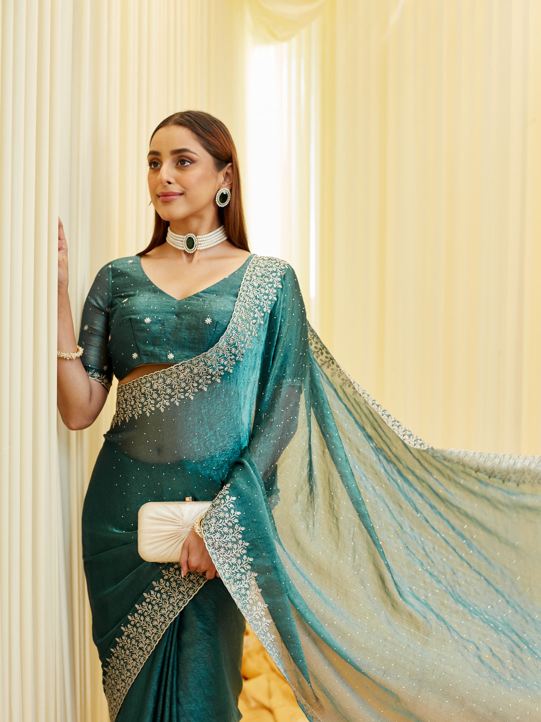 KASEE Women's Teal Silk Saree with Silver Thread Embroidered Border