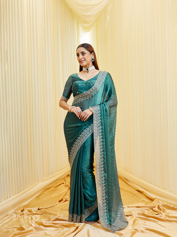 KASEE Women's Teal Silk Saree with Silver Thread Embroidered Border