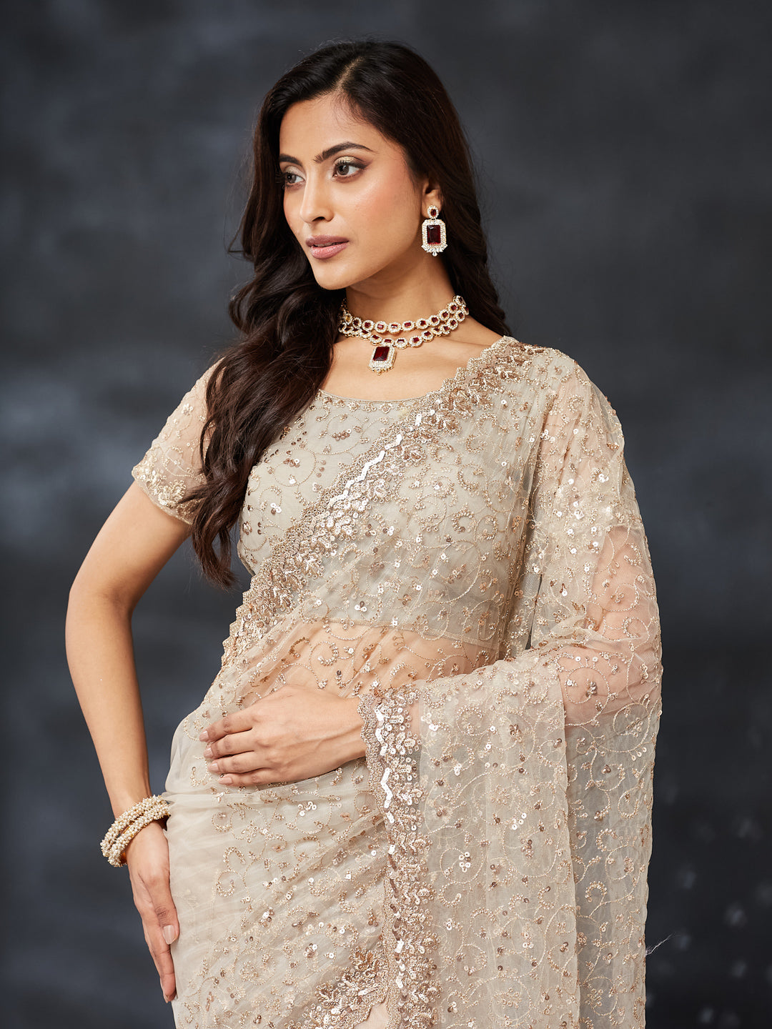 KASEE Women's Gold Net Embroidered Saree with Heavy Sequin & Thread Work Border