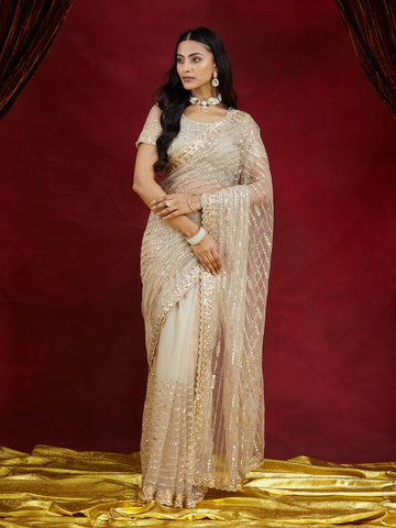 KASEE Women's Champagne Gold Net Saree with All-Over Sequin Work