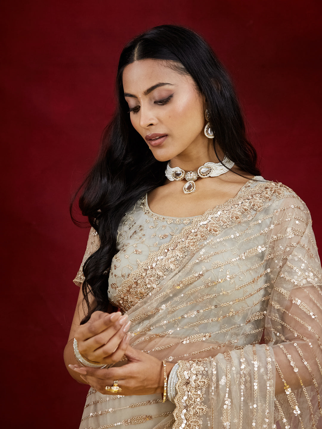 KASEE Women's Champagne Gold Net Saree with All-Over Sequin Work