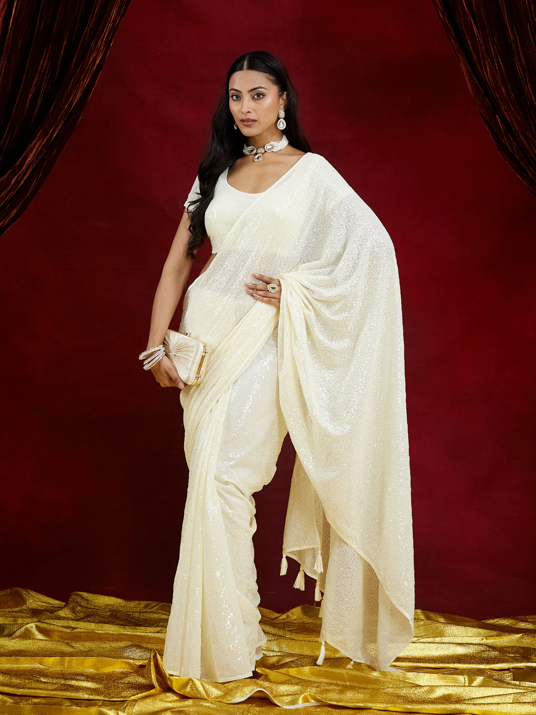KASEE Women's Off-White Sequin Embellished Georgette Saree