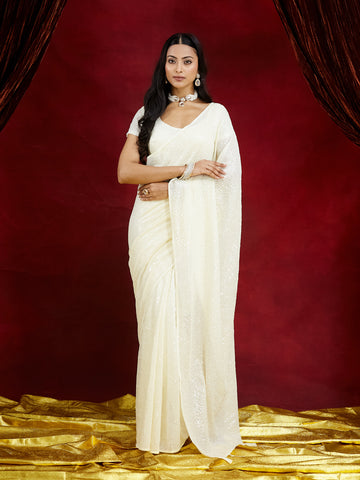KASEE Women's Off-White Sequin Embellished Georgette Saree