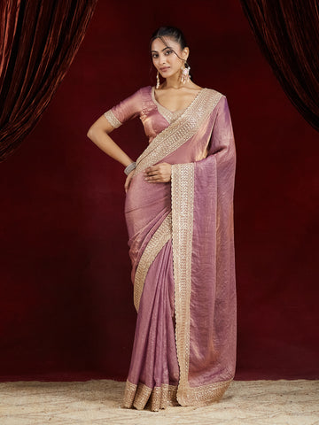 KASEE Women's Ethnic Silk Mauve Saree with Embroidered Golden Border
