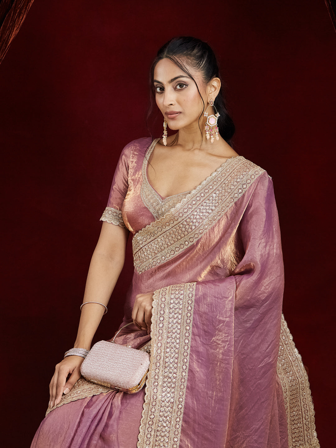 KASEE Women's Ethnic Silk Mauve Saree with Embroidered Golden Border
