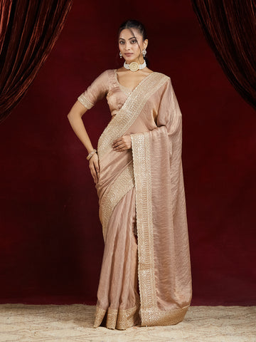 KASEE Women's Blush Pink Silk Saree with Gold Embroidered Border
