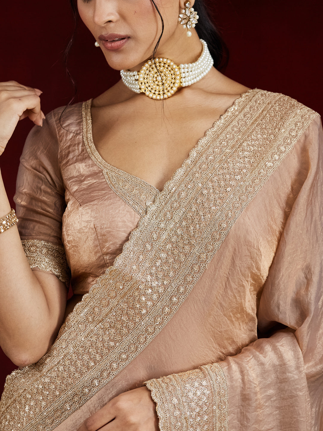 KASEE Women's Blush Pink Silk Saree with Gold Embroidered Border