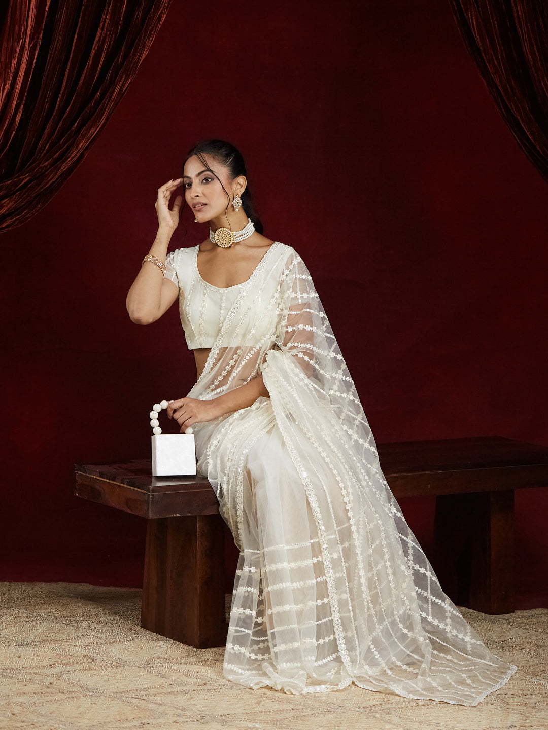 KASEE Women's White Embroidered Net Saree