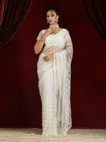 KASEE Women's White Embroidered Net Saree