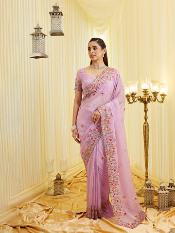 KASEE Wonen's Lavender Embroidered Silk Cotton Saree