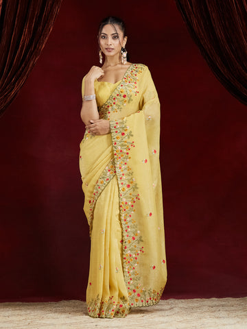KASEE Wonen's Yellow Embroidered Silk Cotton Saree