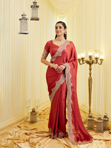 KASEE Women's Elegant Maroon Yellow Embroidered Satin Saree with Scalloped Border