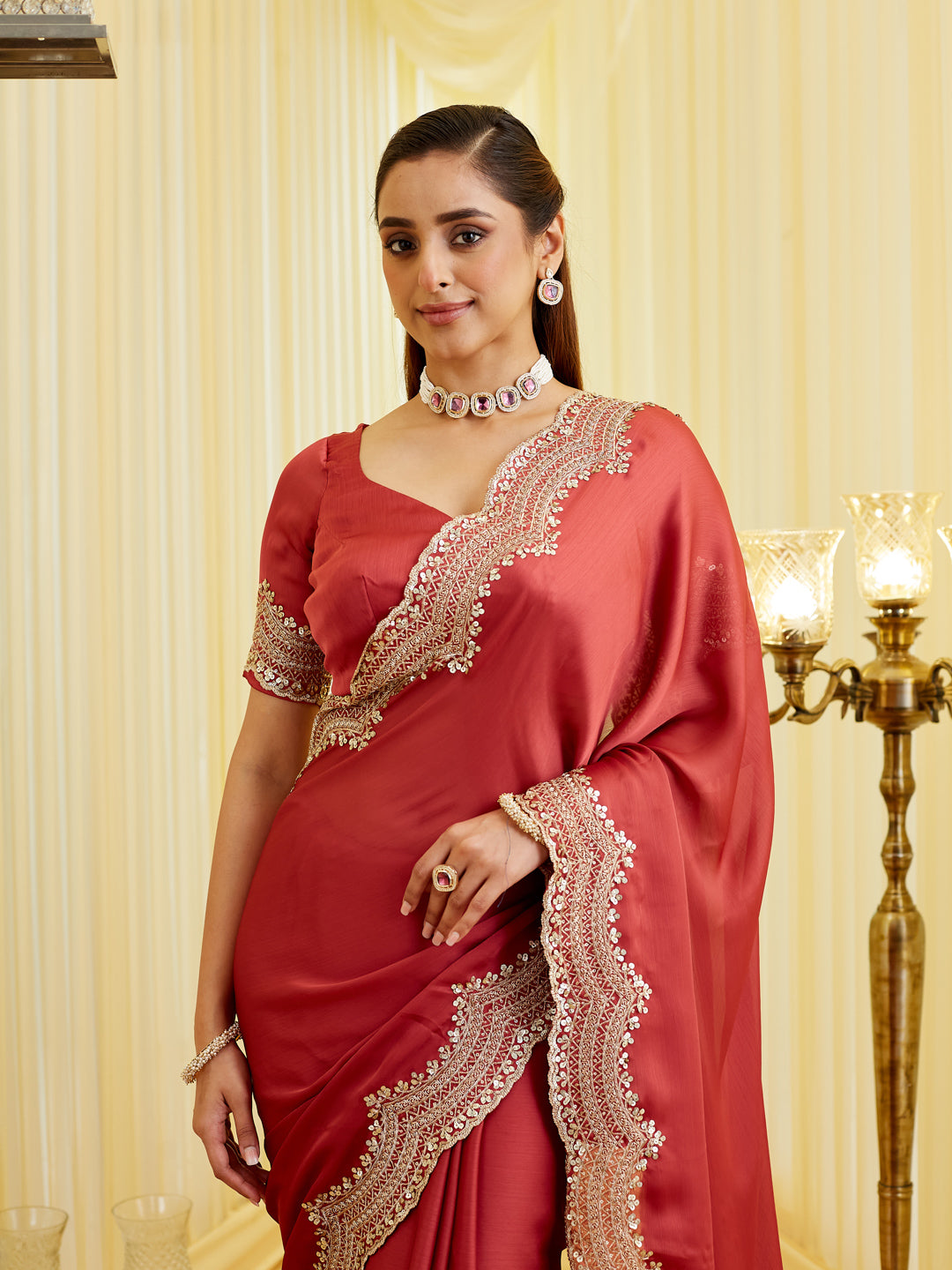 KASEE Women's Elegant Maroon Yellow Embroidered Satin Saree with Scalloped Border