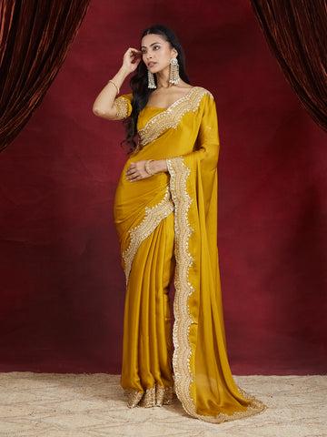 KASEE Women's Elegant Mustard Yellow Embroidered Satin Saree with Scalloped Border