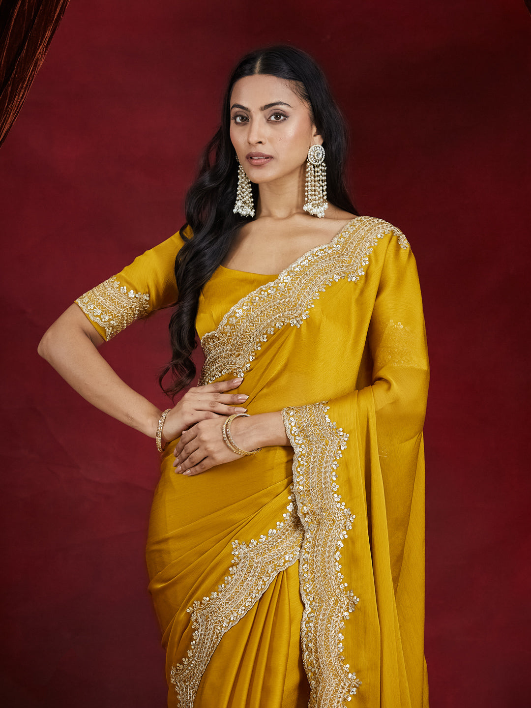 KASEE Women's Elegant Mustard Yellow Embroidered Satin Saree with Scalloped Border