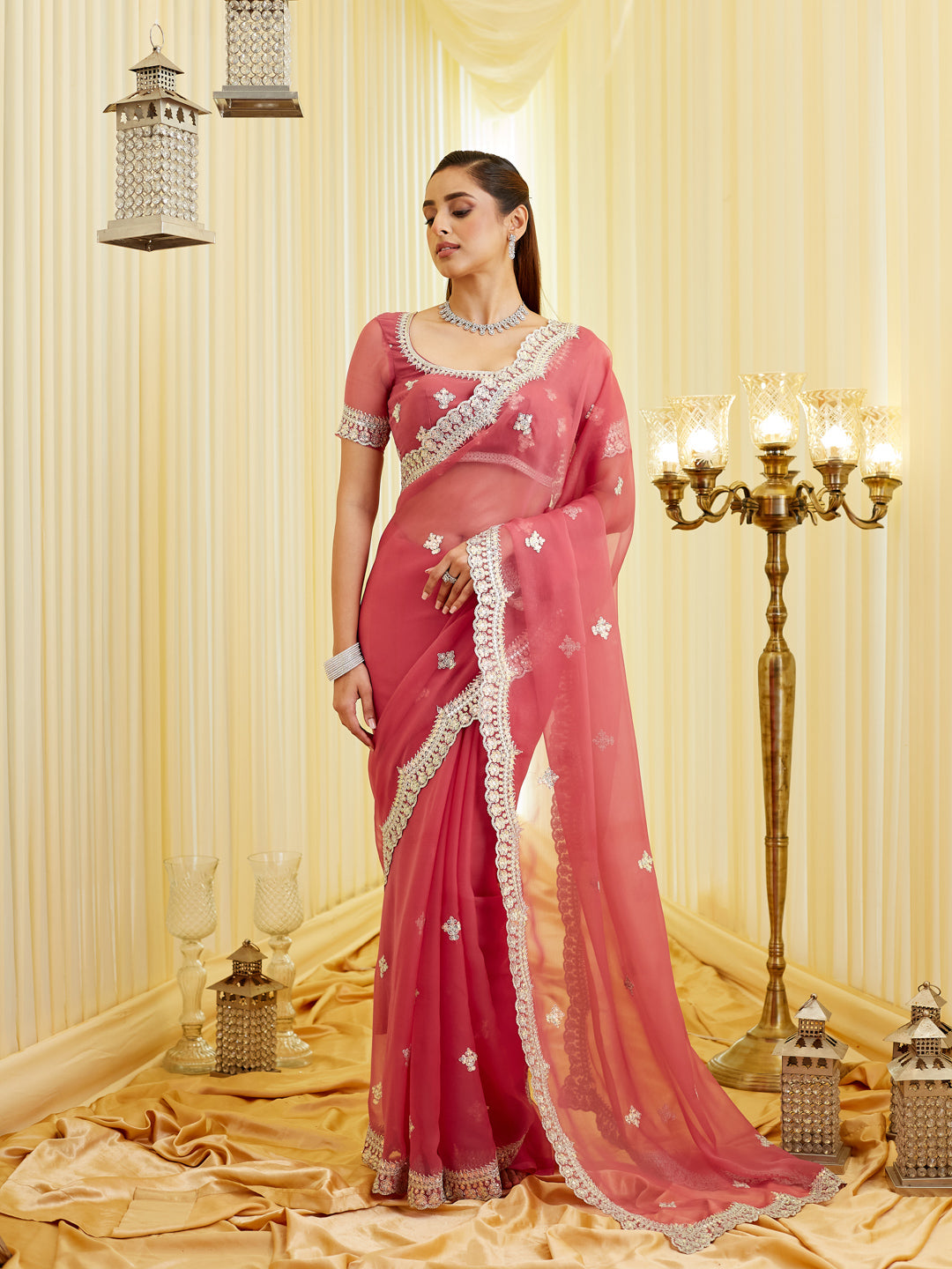 KASEE Women's Pink Saree with Silver Embroidered Border & Motifs