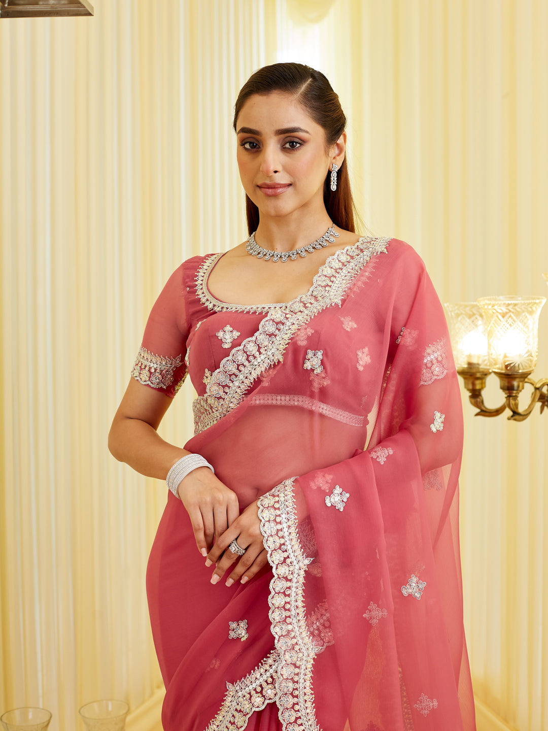 KASEE Women's Pink Saree with Silver Embroidered Border & Motifs
