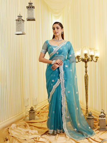 KASEE Women's Turqouise Blue Saree with Silver Embroidered Border & Motifs