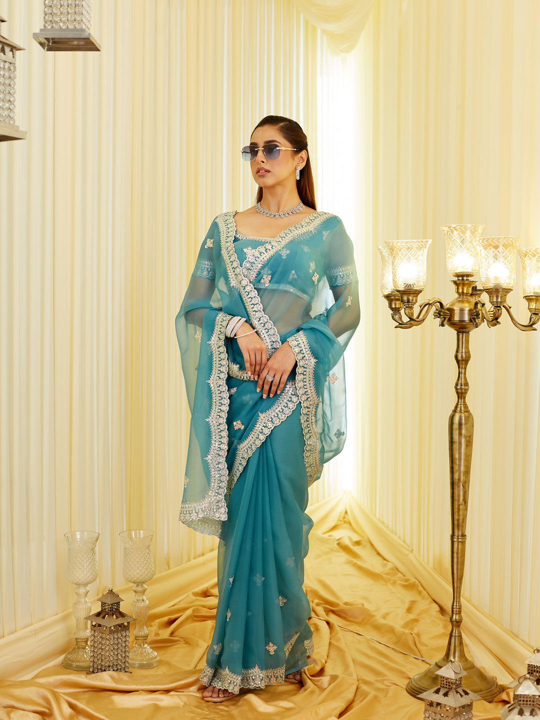 KASEE Women's Turqouise Blue Saree with Silver Embroidered Border & Motifs