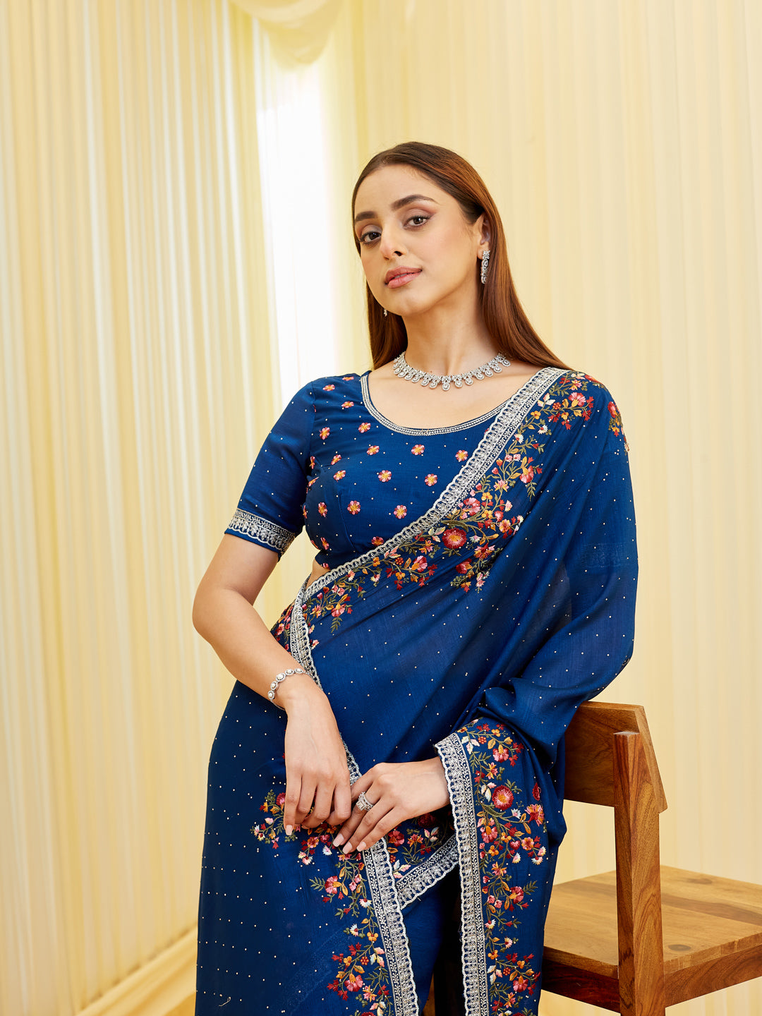 KASEE Women's Peacock Blue Silk Saree with Multicolor Floral Embroidery & Silver Border