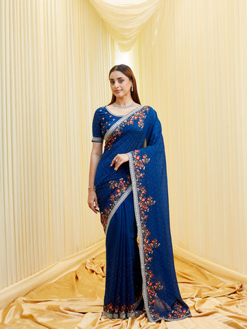 KASEE Women's Peacock Blue Silk Saree with Multicolor Floral Embroidery & Silver Border